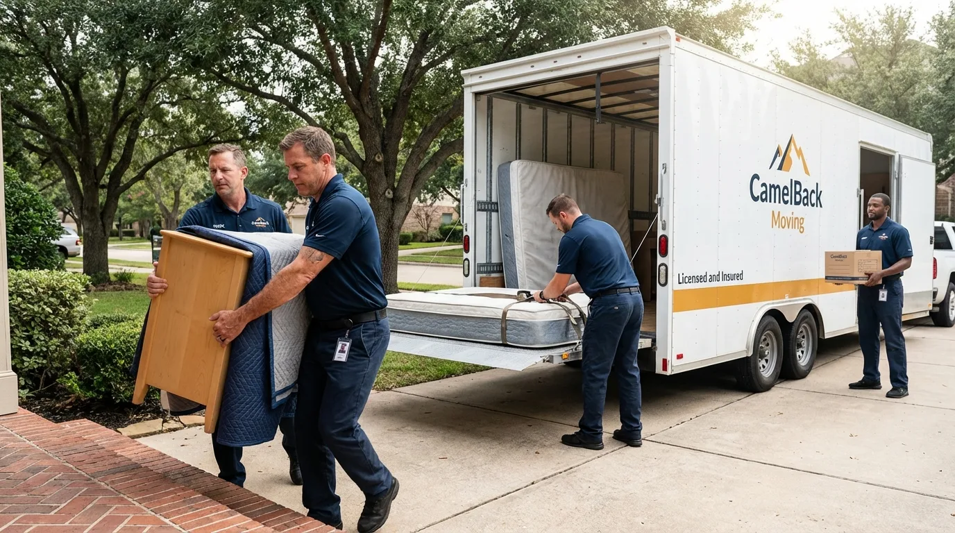 Crew loading residential truck for cross-state move from Brooklyn, MI