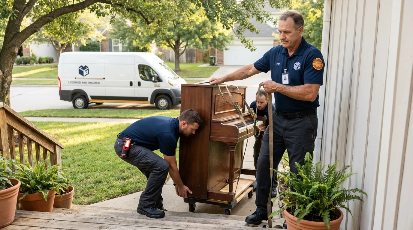 Licensed piano movers securing grand piano in Brooklyn, MI